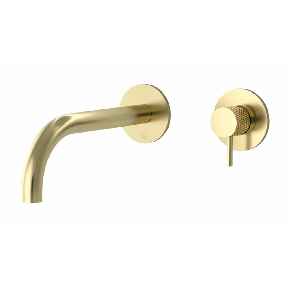 Photo of JTP Vos Brushed Brass Wall Mounted Basin Mixer with Designer Knurled Handle Cutout