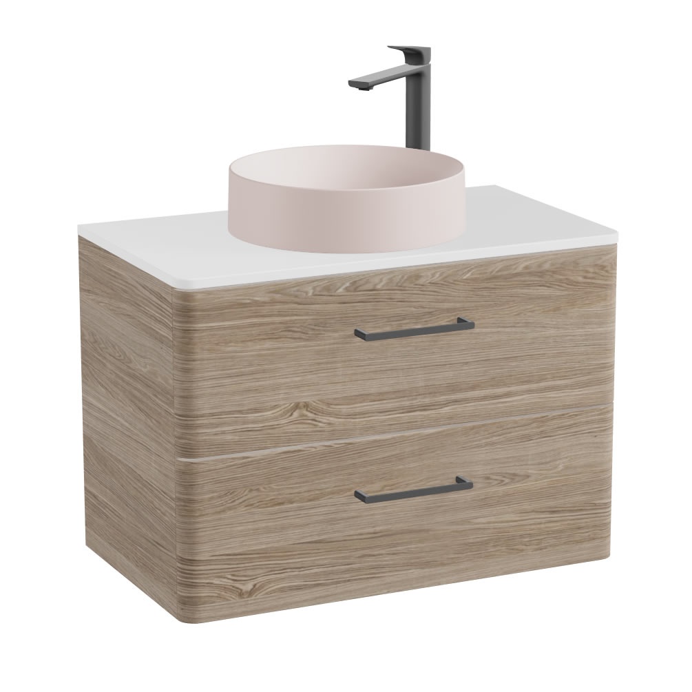 Vado Cameo 800mm Natural Oak Wall Hung 2 Drawer Vanity Unit, Gloss Worktop & Pink Basin