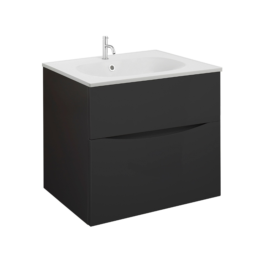 Product Cut out image of the Crosswater Glide II Matt Black 600mm Double Drawer Unit with Matt White 1 Tap Hole Basin