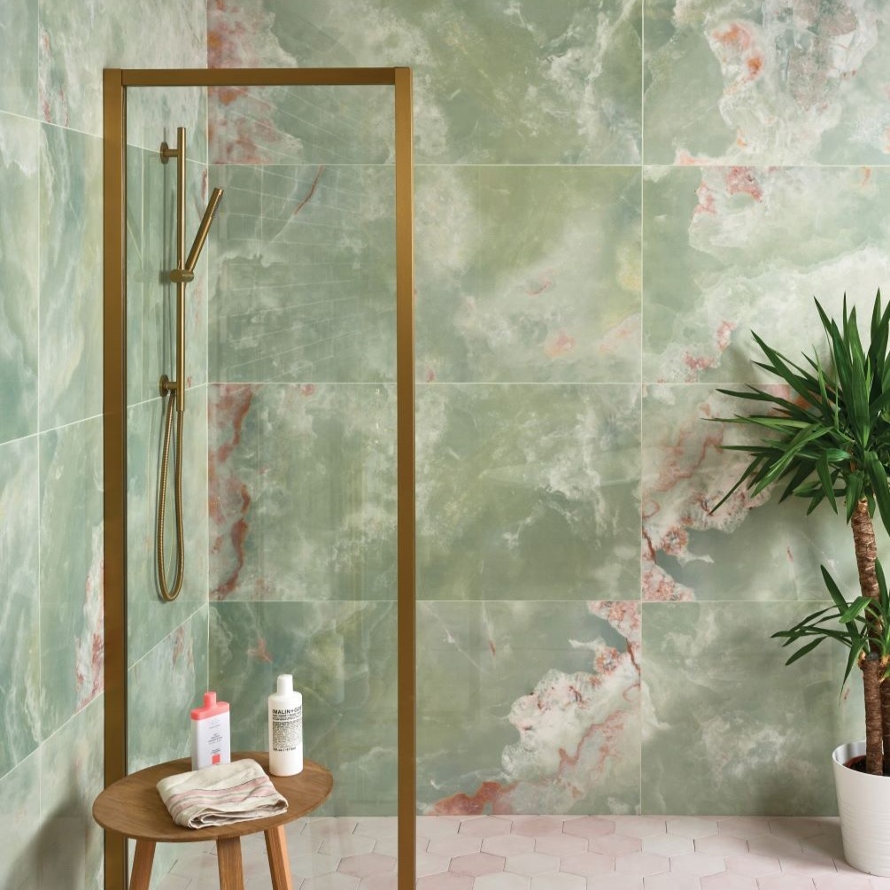 Wide lifestyle image of Ca Pietra California Porcelain Rose wall & floor tiles (wall) with Madina Hexagon Rosa (Floor)
