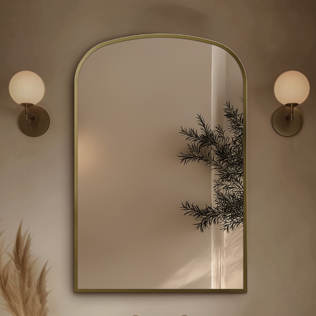 Origins Living Delphine Brushed Brass 600 x 900mm Overmantle Arch Mirror Lifestyle 2