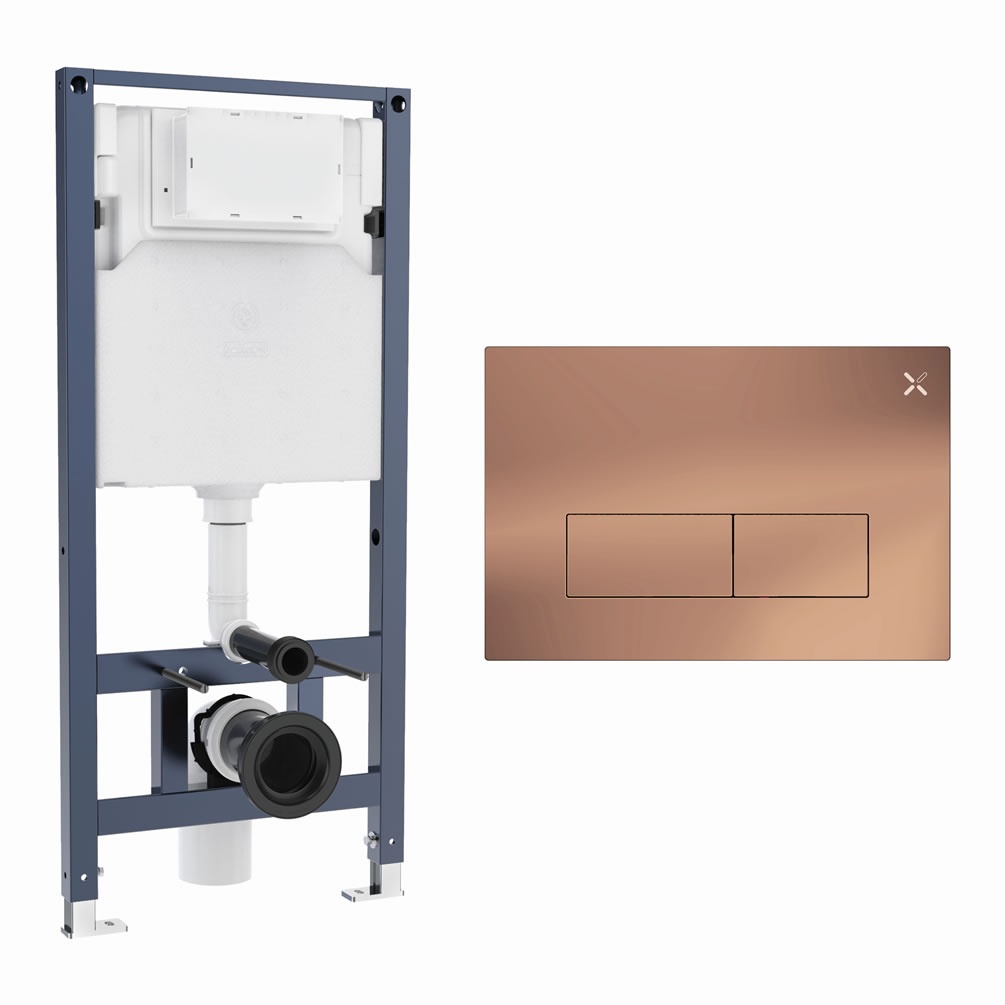 Cutout image of Crosswater 1120mm Wall-Hung Cistern Frame & MPRO Stainless Steel Brushed Bronze Dual Flush Plate