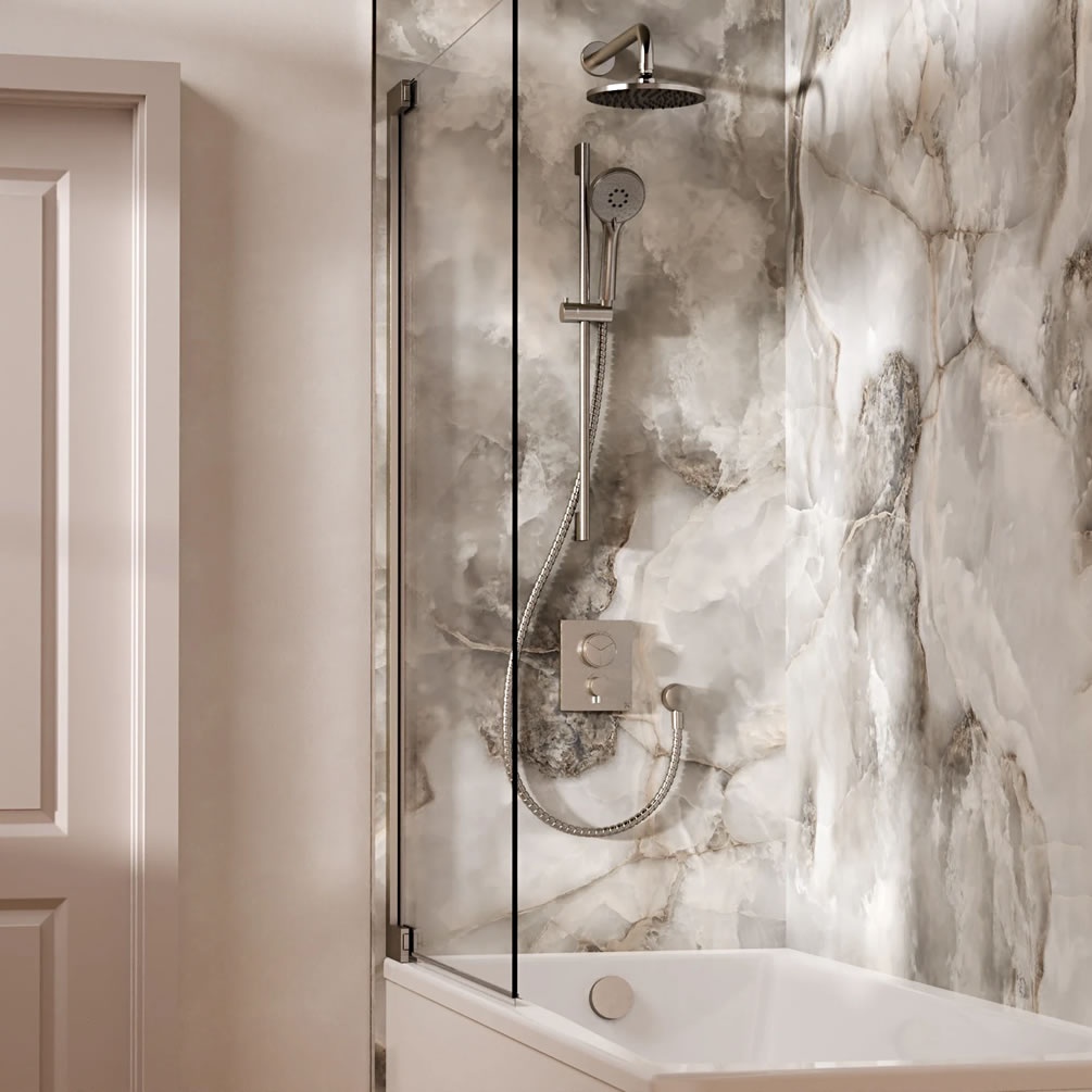 Lifestyle image of Crosswater Crossbox Push Brushed Nickel Triple Outlet Slide Rail Shower Bath Set