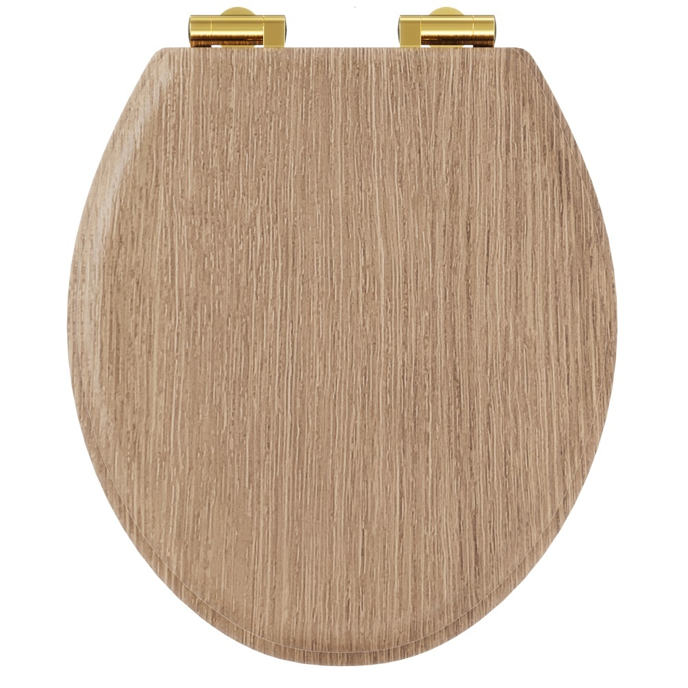 product cut out image of burlington guild light oak soft close toilet seat with gold hinges - GU6105LOK GUHGG