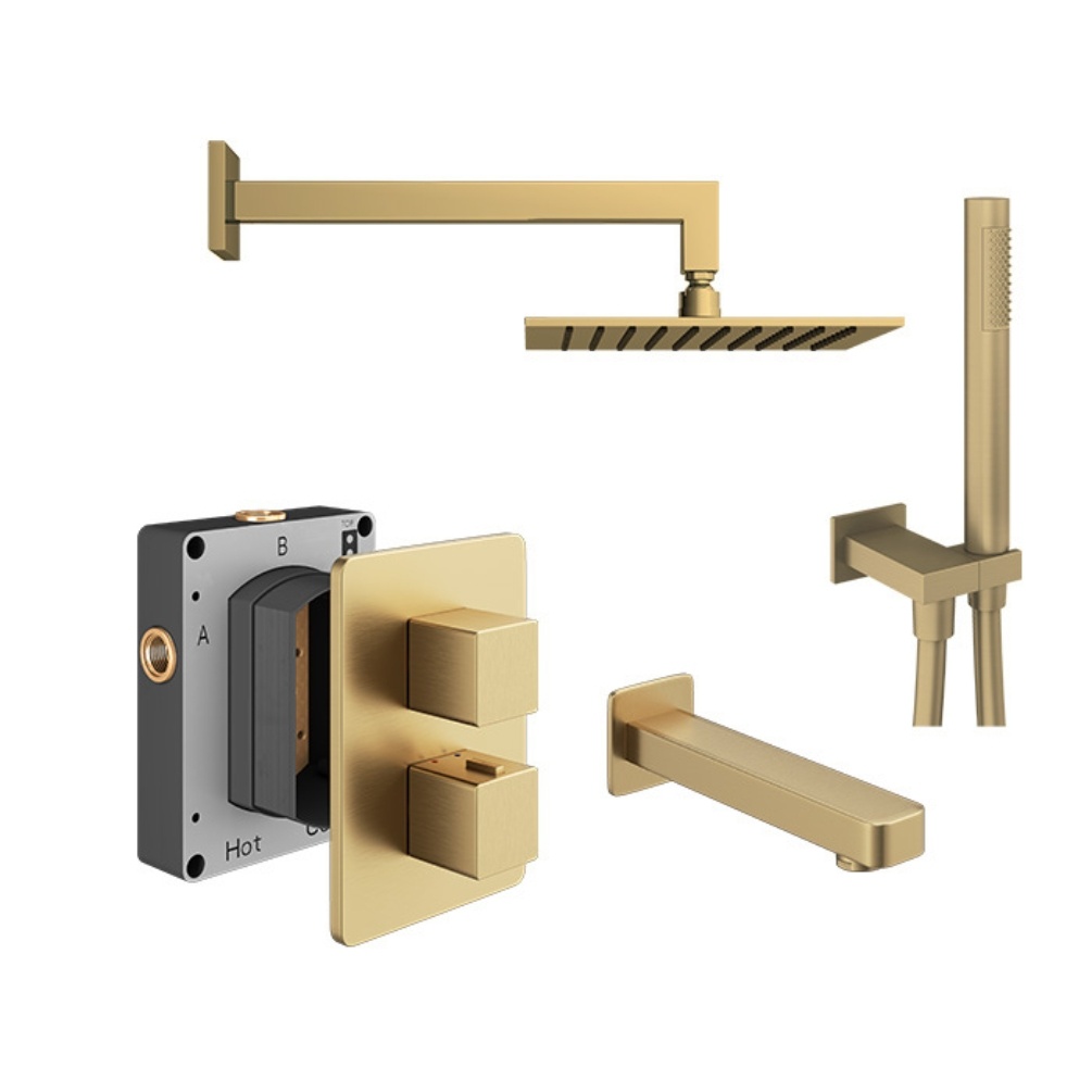 Product cut out image of the Abacus Square Brushed Brass 3 Outlet Shower Pack with Bath Spout & Handset