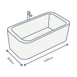 iconography image of a bathtub with 1600mm length text and 800mm width text illustrating this sized bath