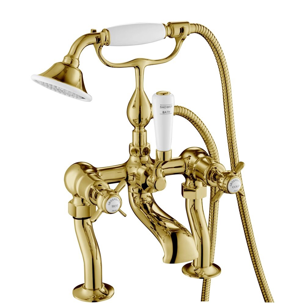 JTP Grosvenor Pinch Polished Gold Deck Mounted Bath Shower Mixer with Kit Cut Out