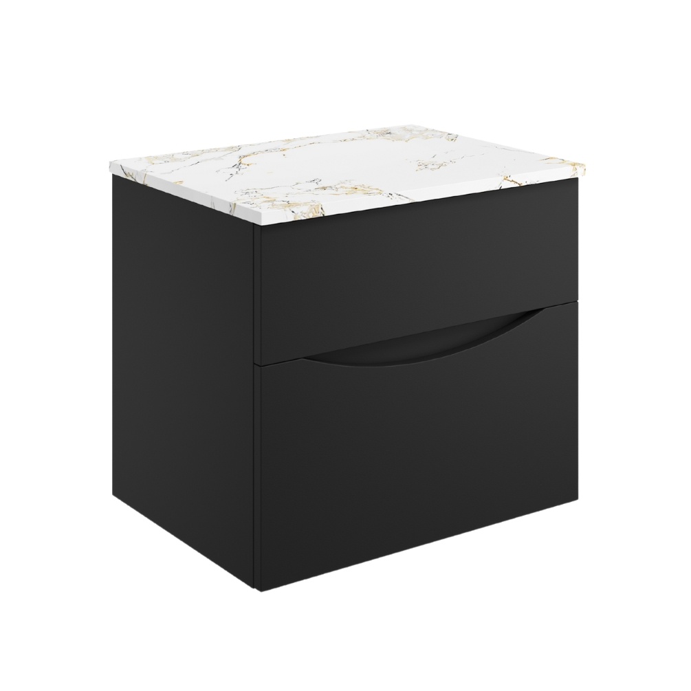 Product Cut out image of the Crosswater Glide II Matt Black 600mm Double Drawer Unit with Gold Vein Worktop
