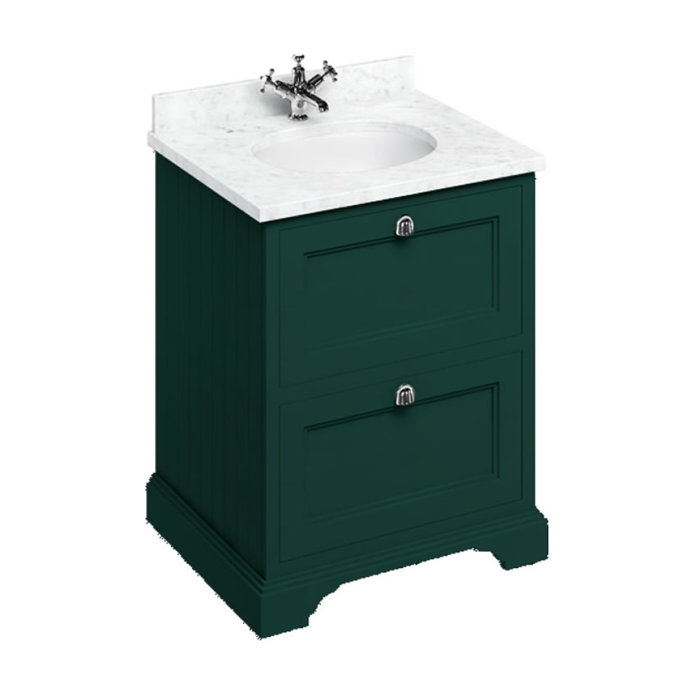 Burlington Minerva Carrara White 650mm Worktop & Matt Green Freestanding Vanity Unit with Drawers