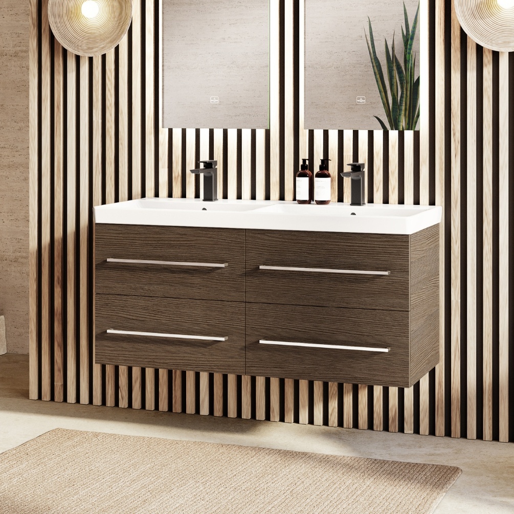 Product lifestyle image of Villeroy & Boch 1200mm Avento Arizona Oak Vanity Unit and Double Basin - front angle A89300VH