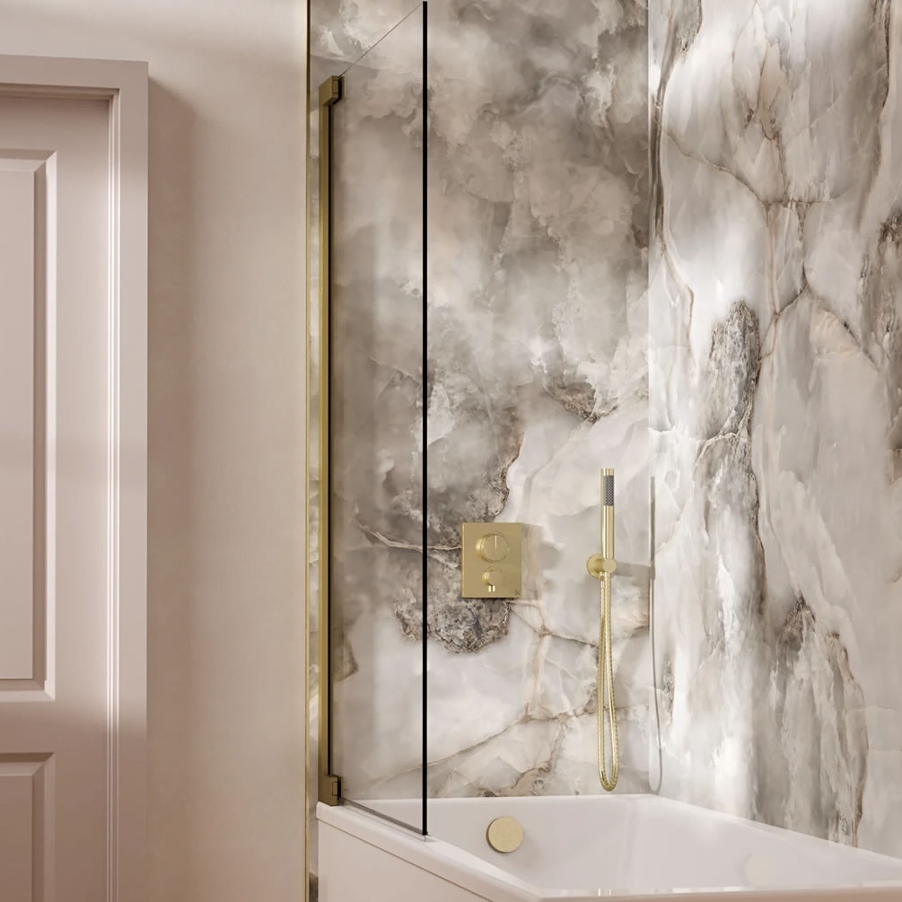 Lifestyle image of Crosswater Crossbox Push Brushed Brass Dual Outlet Bath Filler Set