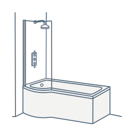 iconography image of a p shaped shower bath, with a wider shower end, also known as a p shower bath or p bath