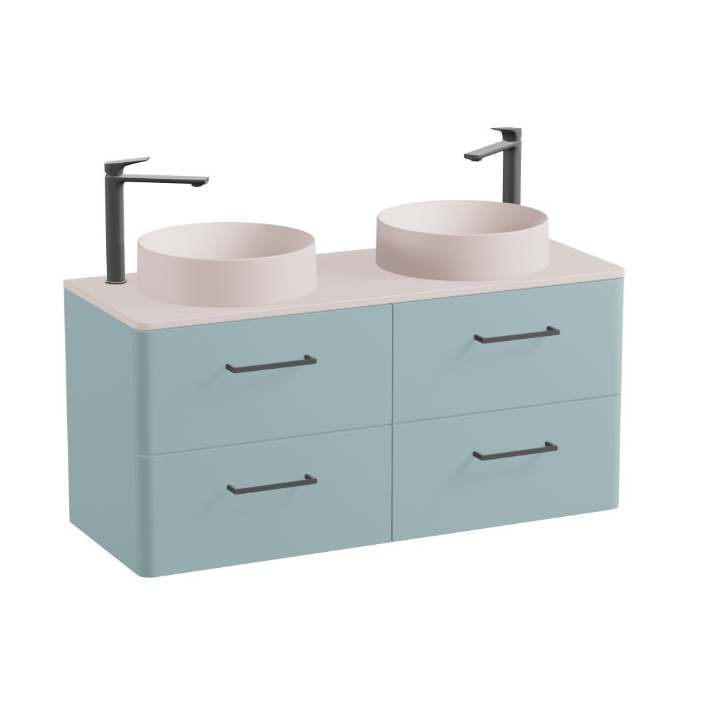 Vado Cameo 1200mm Cove Blue Wall Hung 4 Drawer Vanity Unit, Pink Clay Worktop & Basin