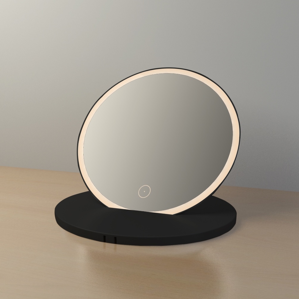 Close up product image of the Stockholm Portable LED Vanity Mirror placed in its stand