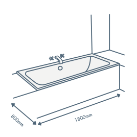 iconography image of a bathtub with 1800mm length text and 800mm width text illustrating this sized bath