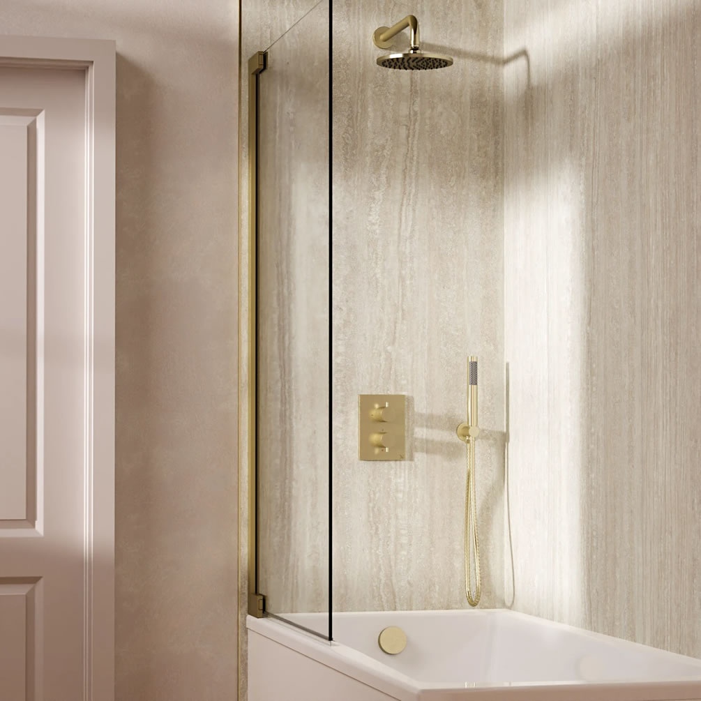 Lifestyle image of Crosswater Crossbox Brushed Brass Triple Outlet Shower Bath Set