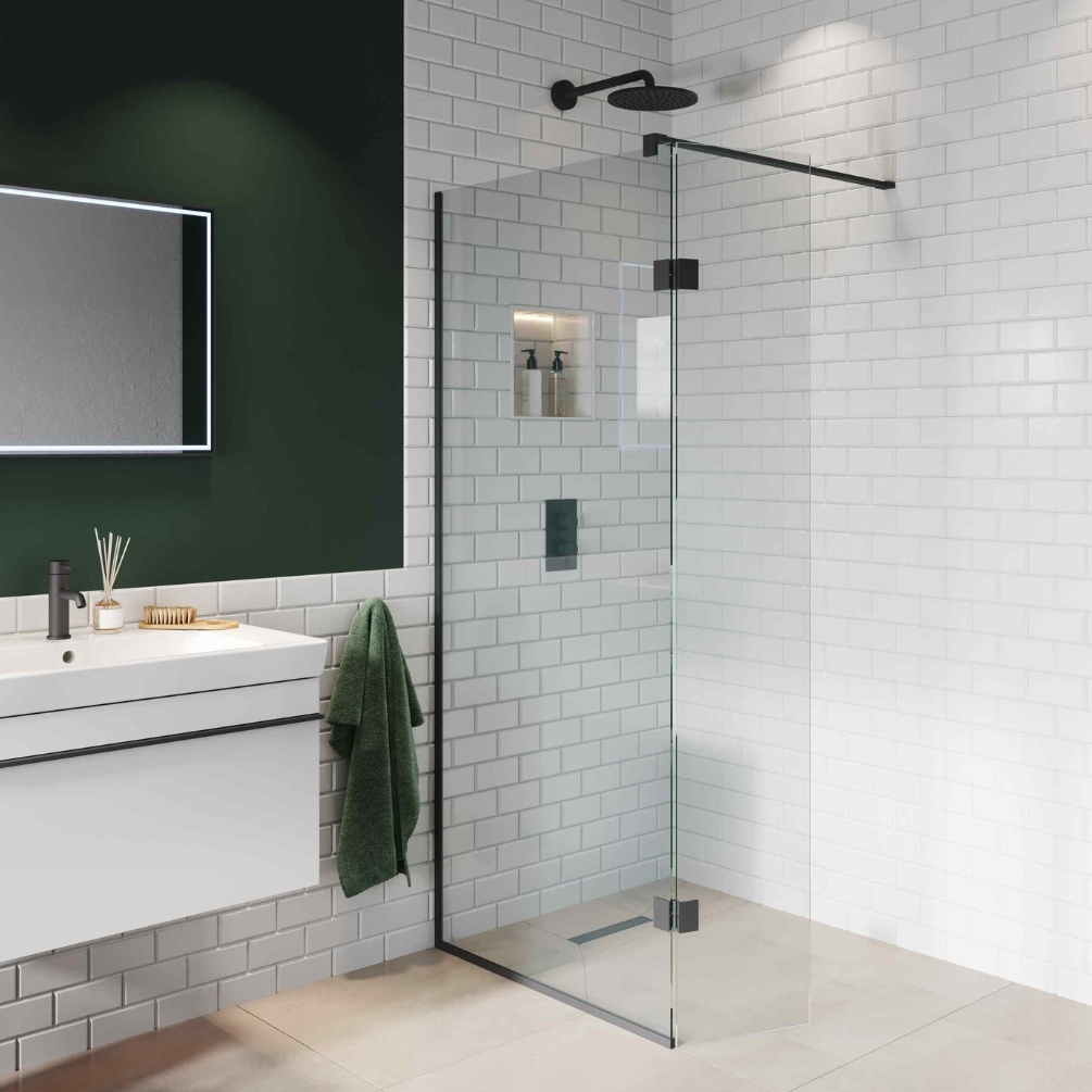 Lifestyle image of the Abacus Matt Black 900mm Wetroom Screen with Wall Support Bar & Deflector Panel