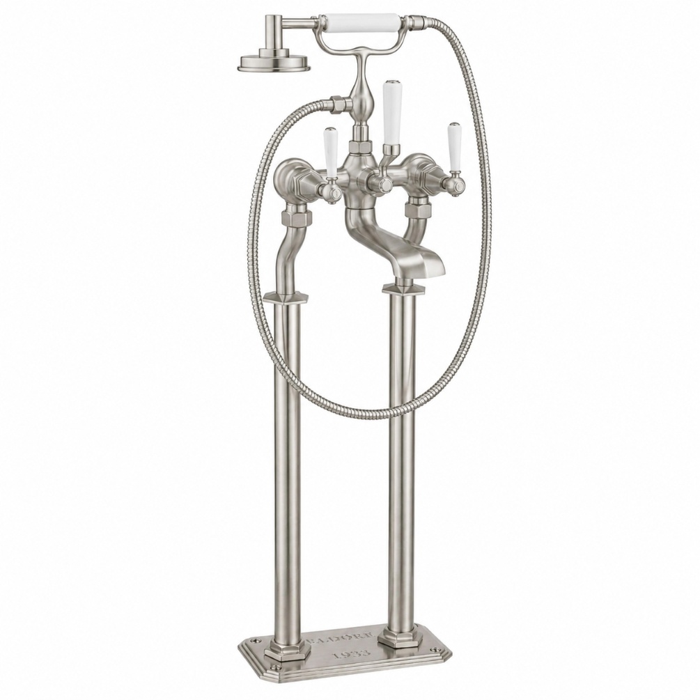 Cut out image of the Crosswater Waldorf Brushed Nickel Freestanding White Lever Bath Shower Mixer