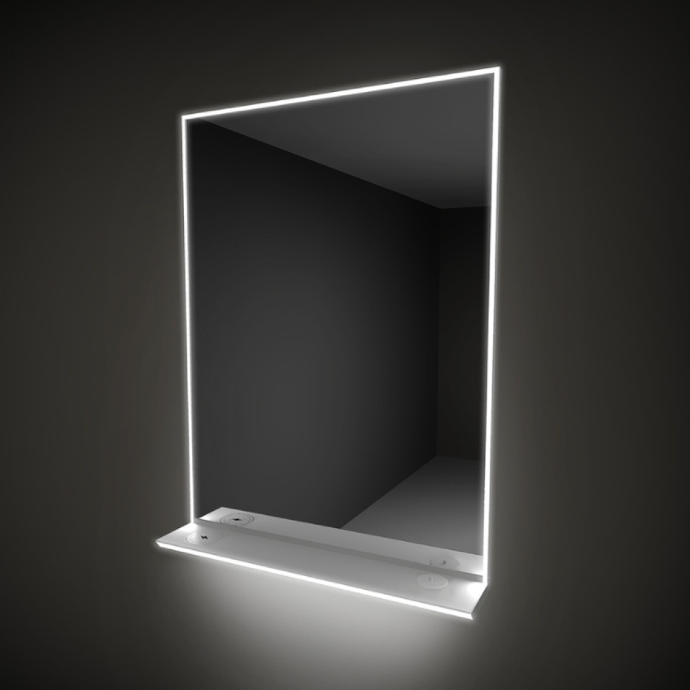Close up product image of the HiB Platform 600mm LED Mirror with Charging Shelf