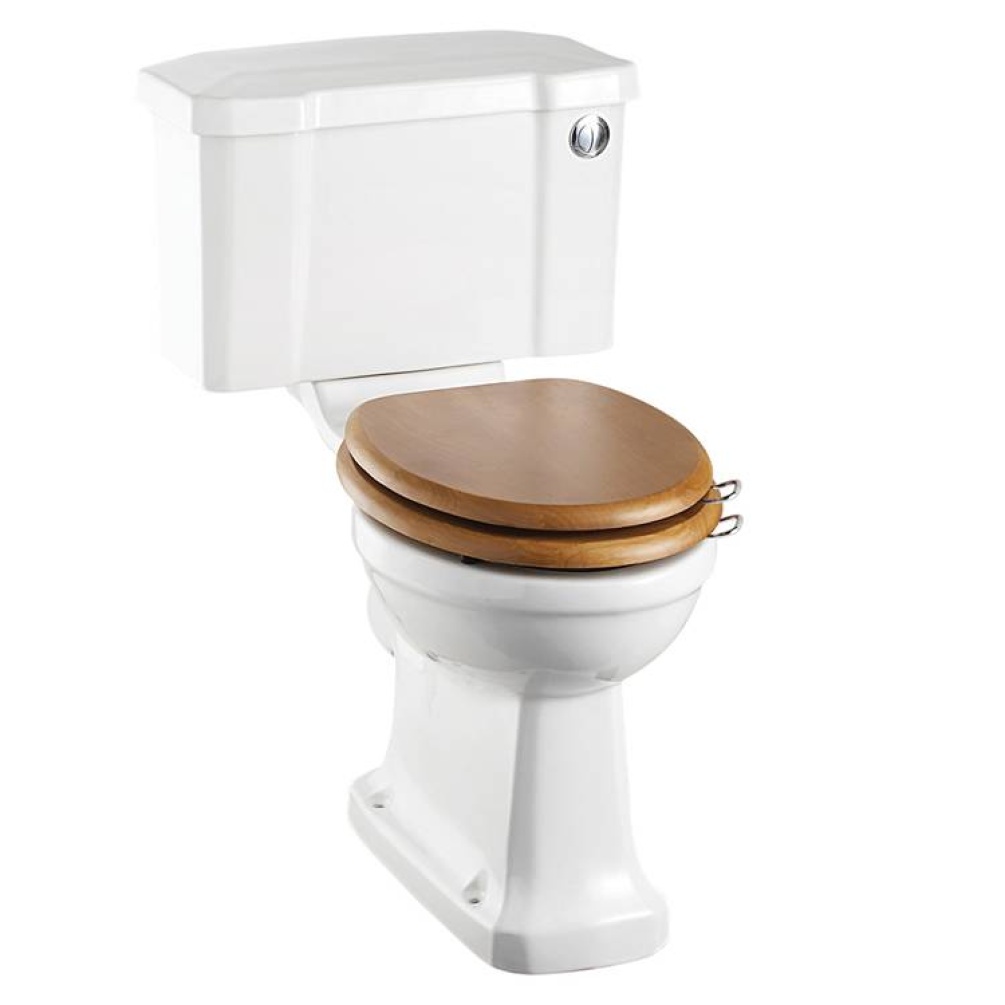 Product Cut out image of the Burlington Close Coupled Toilet with Push Button with an Oak Toilet Seat