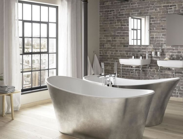 Product Lifestyle image of two Heritage Holywell 1710mm Stainless Steel Effect Freestanding Acrylic Single Ended Baths