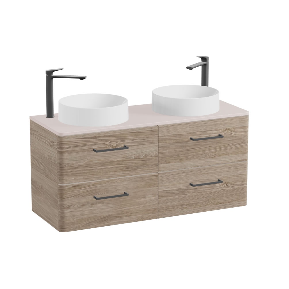 Vado Cameo 1200mm Natural Oak Wall Hung 4 Drawer Vanity Unit, Pink Clay Worktop & Gloss Round Basins