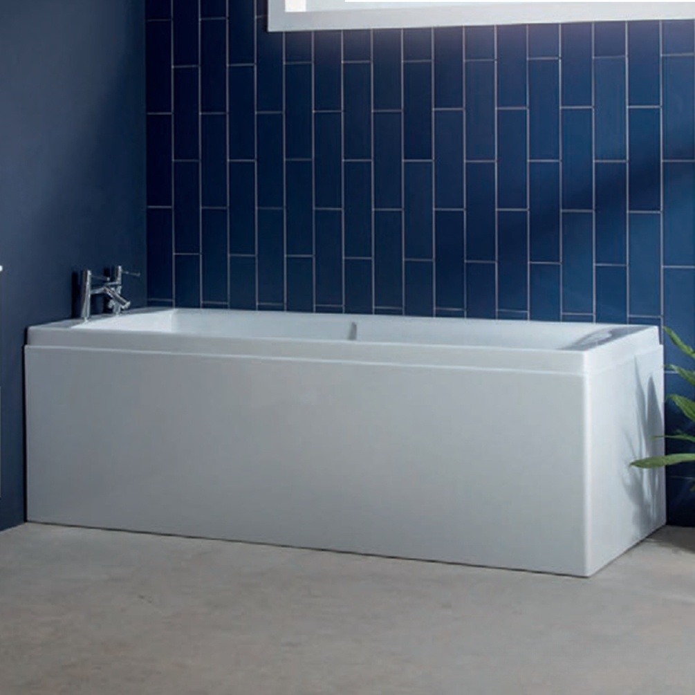 Lifestyle image of the Carron Axis 1650mm x 700mm Single Ended Carronite Bath installed in a bathroom corner with blue tiled walls