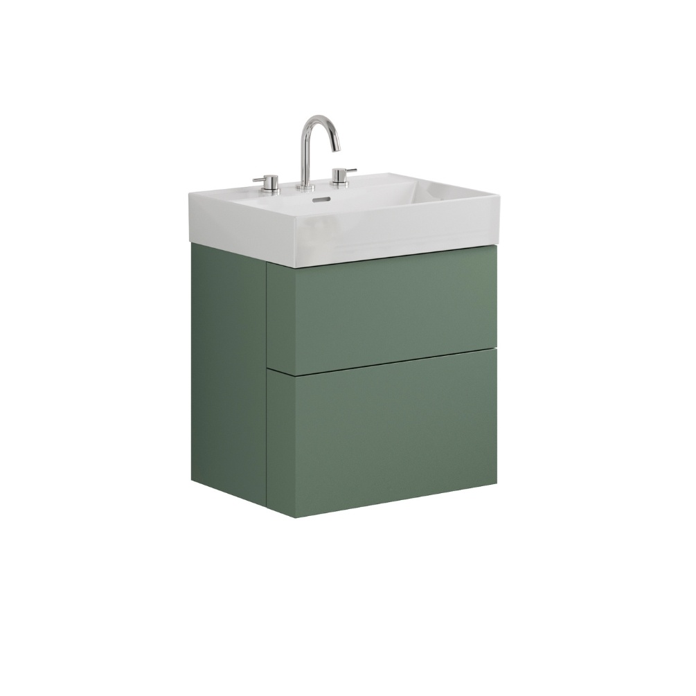 Product Cut out image of the Crosswater Avenue Sage Green 600mm Double Drawer Unit with a three tap hole basin