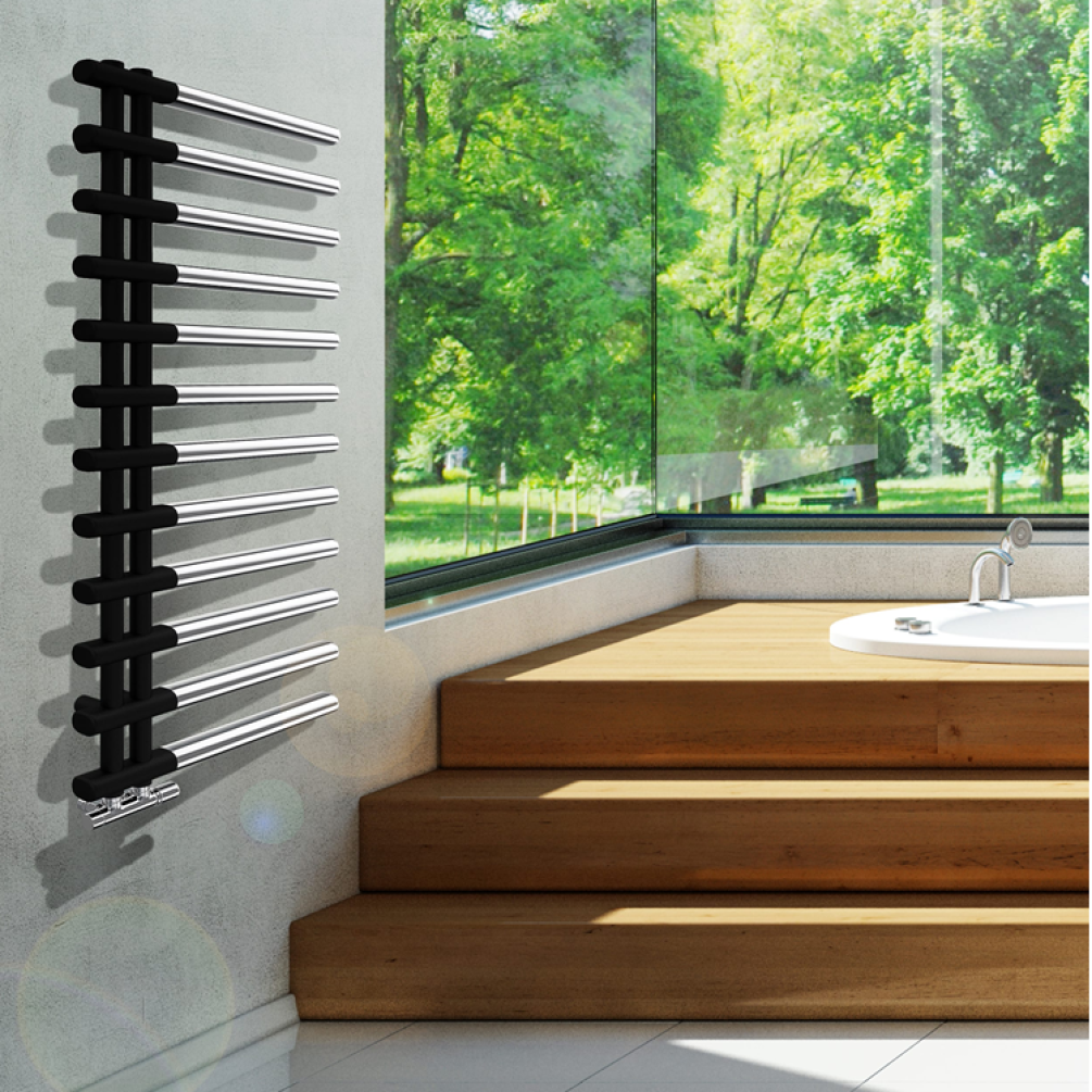 Lifestyle image of the Radox Linx 1150mm x 500mm Two Tone Chrome & Black Pearl Heated Towel Radiator