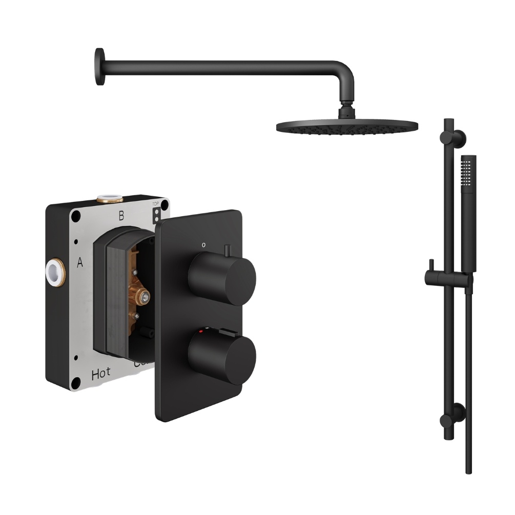 Product Cut out image of the Abacus Iso Matt Black 2 Outlet Shower Pack with Fixed Head & Slide Rail