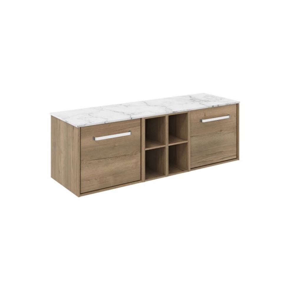 Cutout image of Crosswater Infinity 1400mm Windsor Oak Wall-Hung Vanity Unit & Carrara Worktop