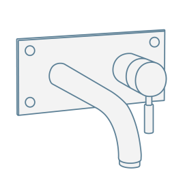 Iconography image of 2 tap hole wall mounted bath tap with spout and single lever control for water flow and temperature