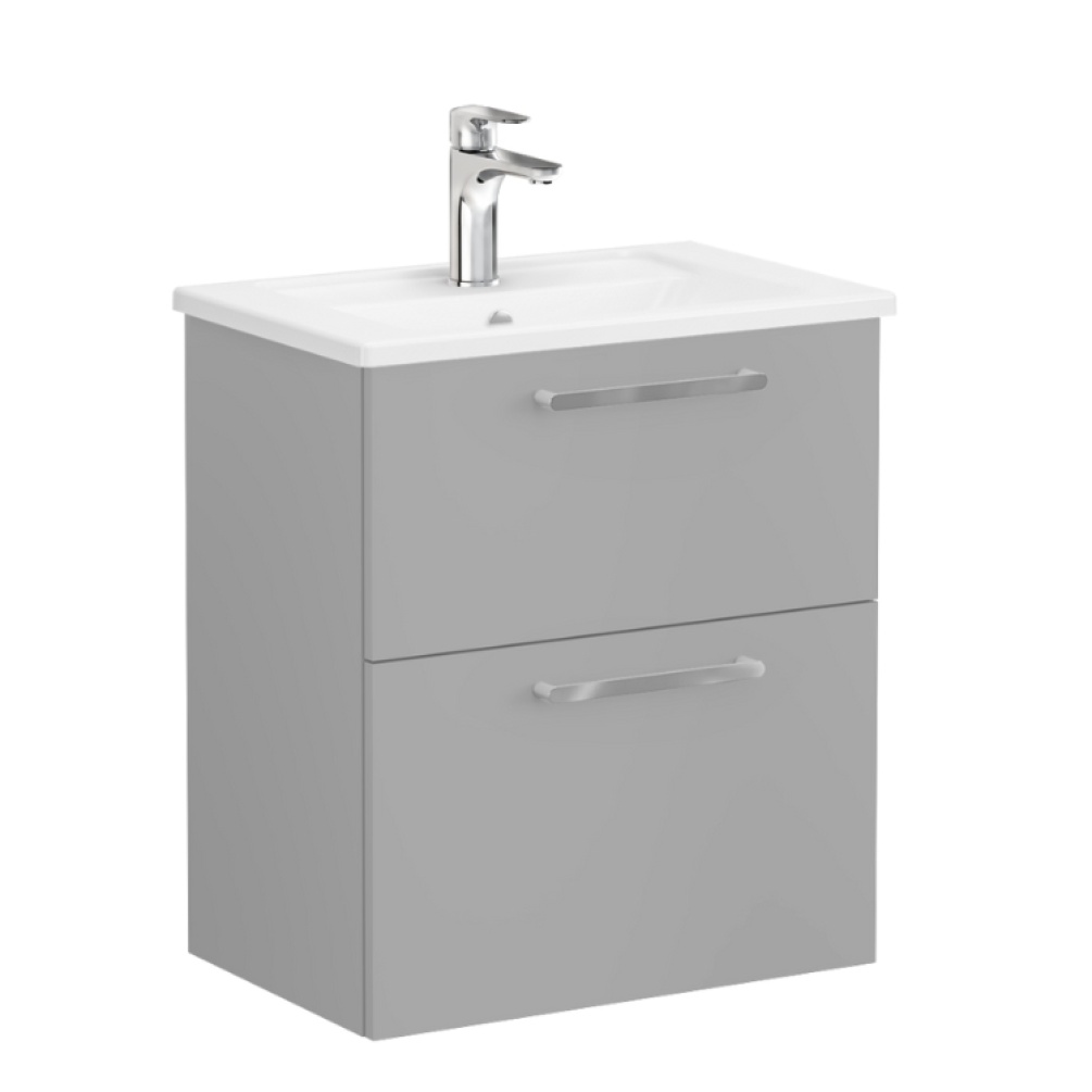 Product Cut out image of VitrA Root Flat Rock Grey 600mm Compact Washbasin Drawers Unit 67856 with chrome handles