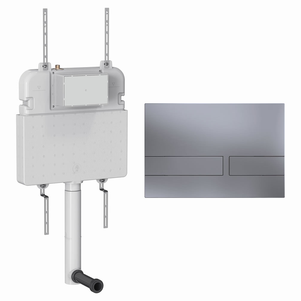 Cutout image of Crosswater 530mm Concealed Back-to-Wall Cistern & Venue Brushed Nickel Dual Flush Plate