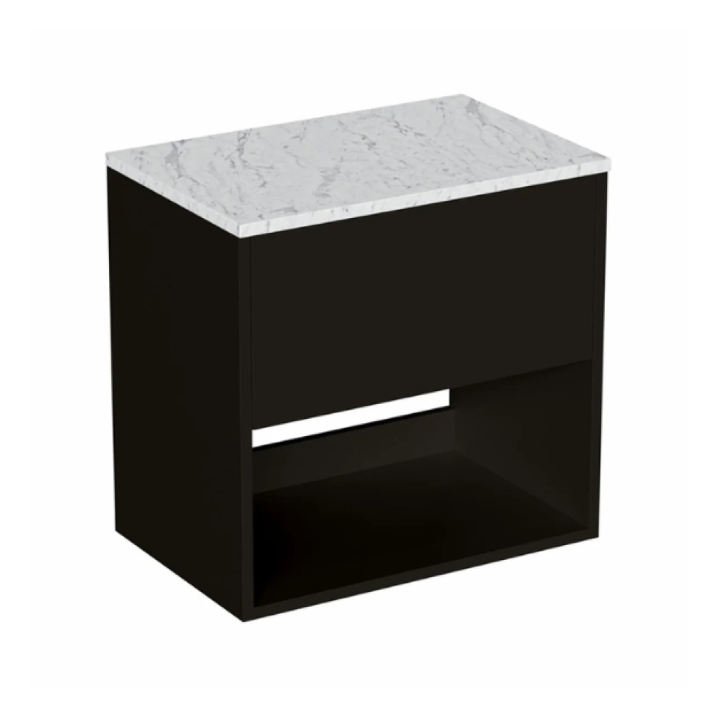 Cut out image of the Britton Hackney Matt Black 600mm Wall Hung Vanity Unit & Carrara Worktop