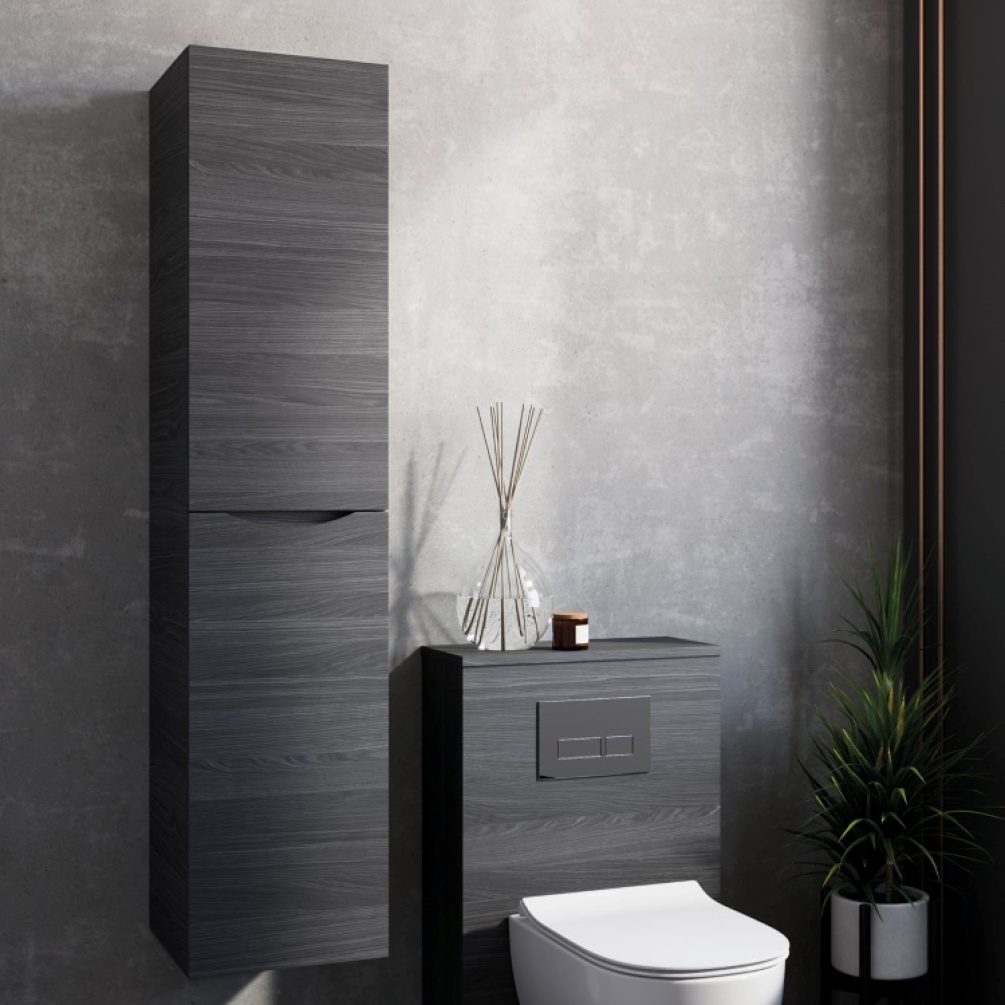 Lifestyle image of Crosswater Glide II Steelwood Tower Unit Wall Mounted in bathroom with matching furniture
