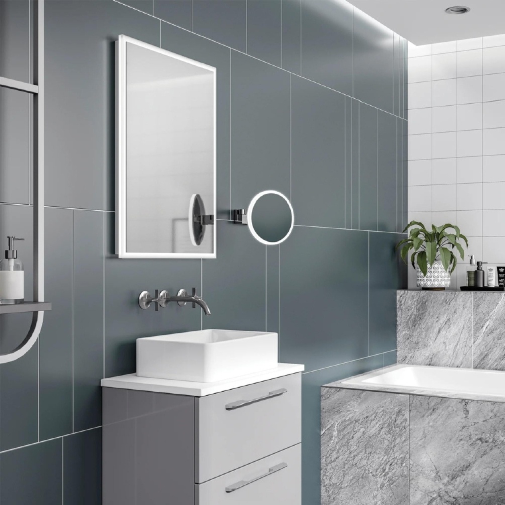 Product Lifestyle image of the hib. Cirque Chrome LED Magnifying Mirror