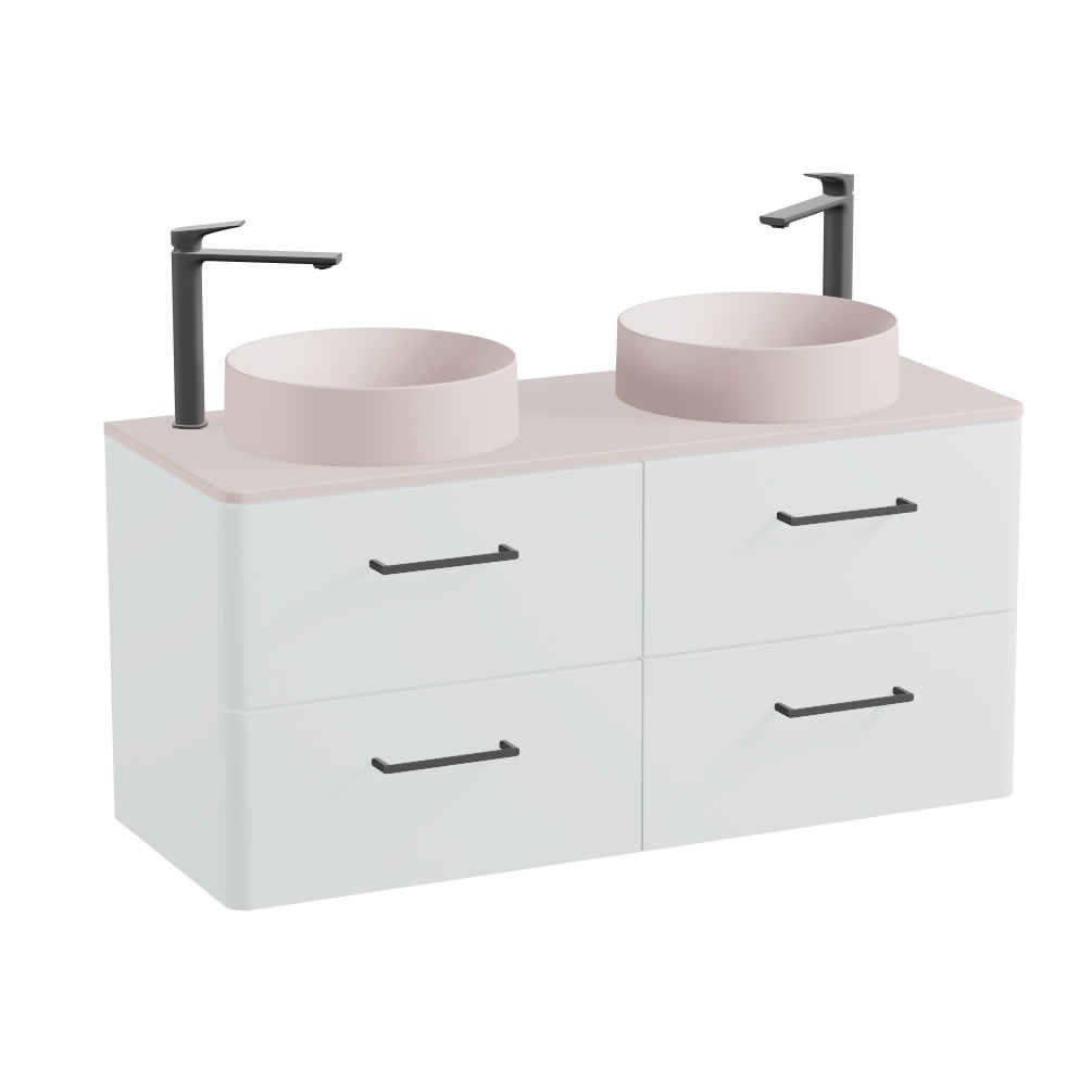 Vado Cameo 1200mm Arctic White Wall Hung 4 Drawer Vanity Unit, Pink Worktop & Basins