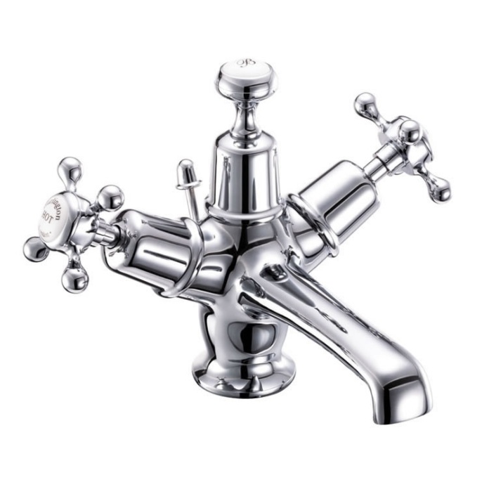 Product Cut out image of the Burlington Claremont Chrome Basin Mixer with White Indices and integrated pop up waste