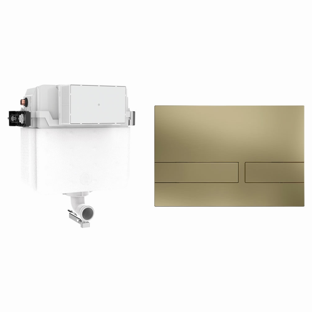 Cutout image of Crosswater 460mm Concealed Back-to-Wall Cistern & Venue Brushed Brass Dual Flush Plate