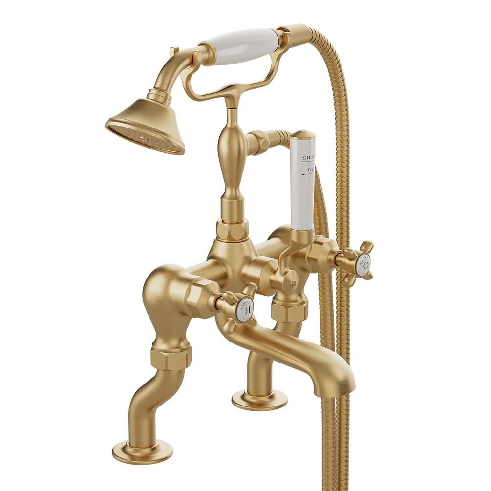 Booth & Co. Axbridge White Cross Brushed Brass Bath Shower Mixer