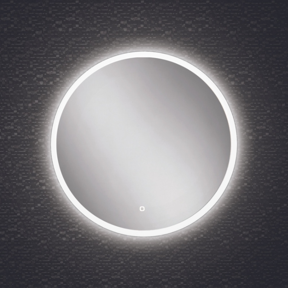 Close up product image of the HIB Sphere 600mm Round LED Bathroom Mirror emitting cool white light