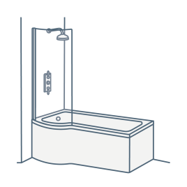 iconography image of a p shaped shower bath, with a wider shower end, also known as a p shower bath or p bath