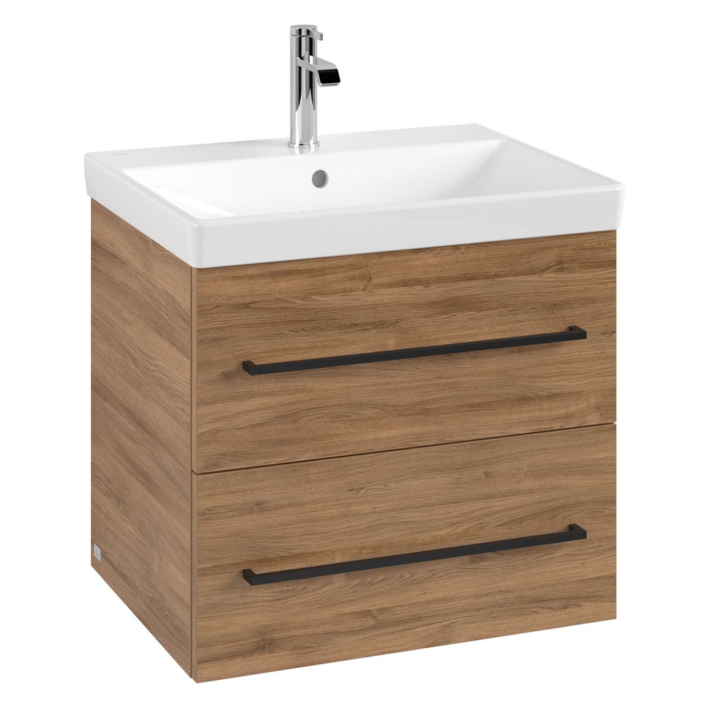 Cutout image of Villeroy & Boch Avento Kansas Oak 600mm Wall-Hung Basin Vanity Unit black handle