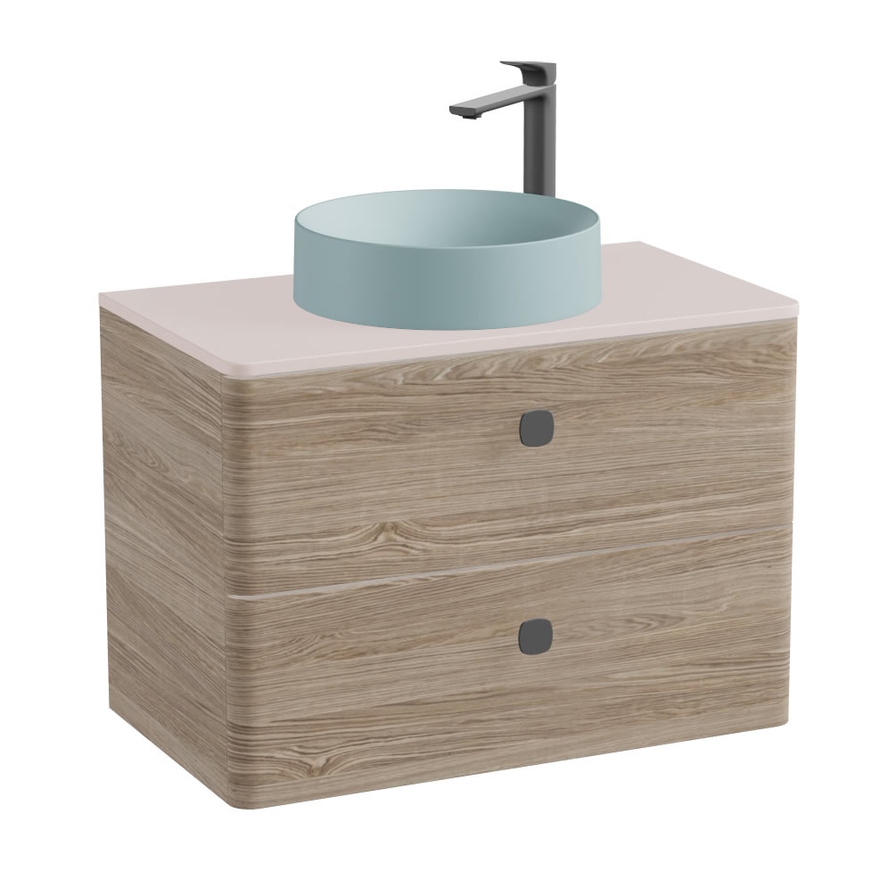 Vado Cameo 800mm Natural Oak Wall Hung 2 Drawer Vanity Unit, Pink Clay Worktop & Cove Basin