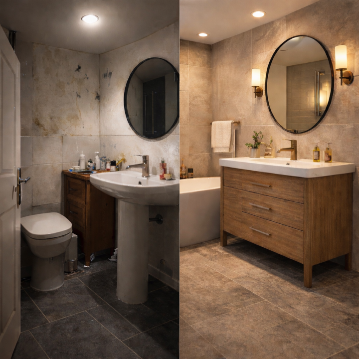 Side-by-side comparison image showing a badly renovated bathroom and a well renovated bathroom
