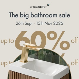 crosswater sale image with text saying big bathroom sale and 60% off with vanity unit and brass tap