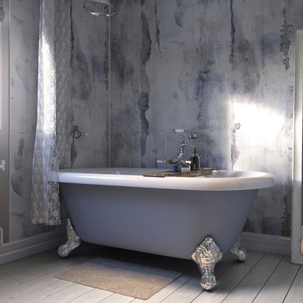 Lifestyle image of the Showerwall Laminate Nautical Wood 2440mm x 1179mm Proclick Ply Wall Panel - SW59 surrounding the walls of a freestanding rolltop bathtub
