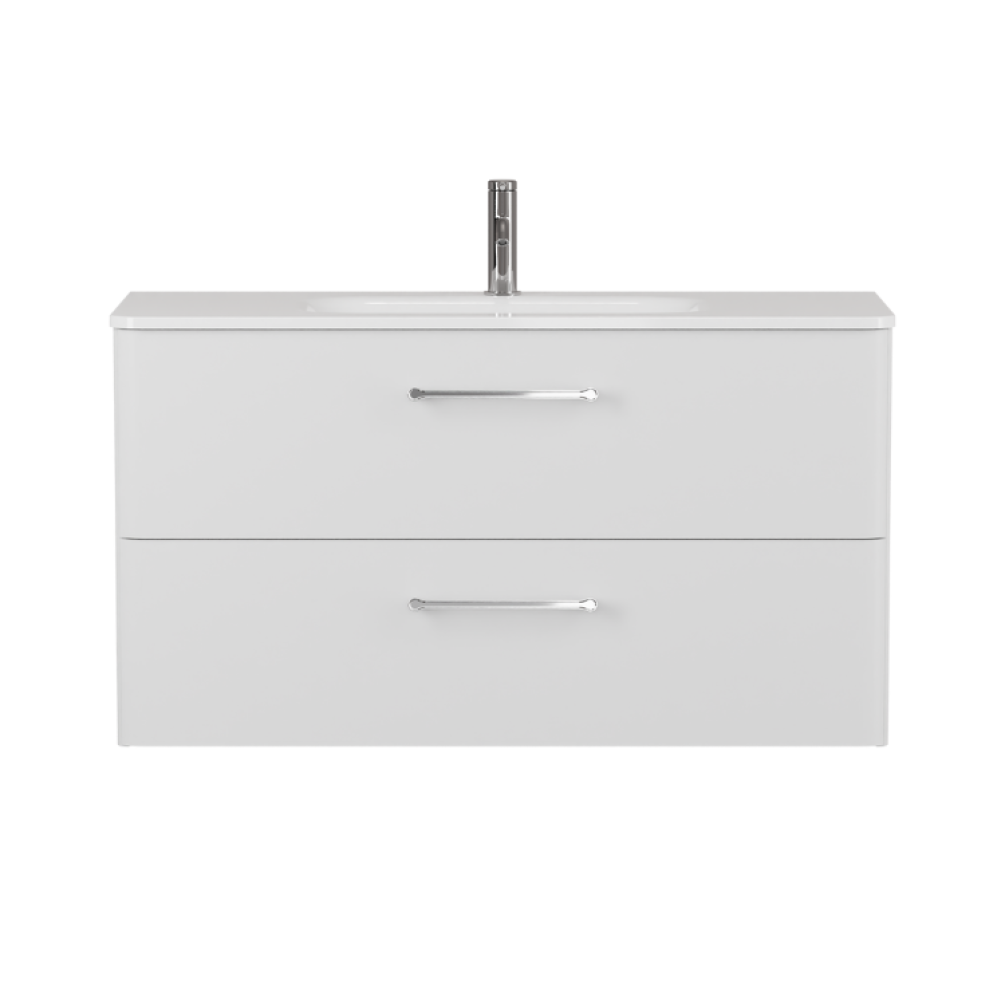 Product cut out image photo of Britton Bathrooms Camberwell 1000mm Frosted White Wall Hung Vanity Unit and Basin with Chrome Handles C100DDW front angle
