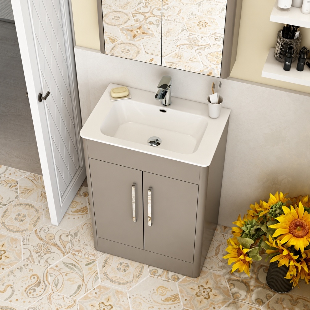 Imex Suburb Matt Ash 2 Door 600mm x 395mm Freestanding Bathroom Vanity Unit With Basin Lifestyle 1
